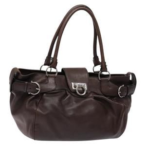 Salvatore Ferragamo Gancini Shoulder Bag Leather Brown Silver Auth sw1152